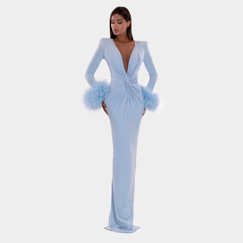 Albina Dyla Blue Ruched Long Sleeve Plunge Gown